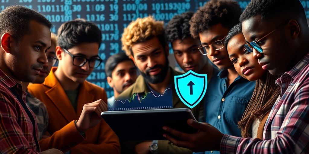 A diverse group of people looking thoughtfully at a tablet displaying financial charts and a shield icon symbolizing security, set against a blurred background of binary code, representing the need for financial literacy and security in the digital age.