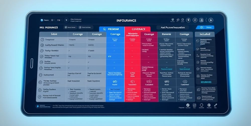 A detailed comparison chart of different insurance policies featuring columns for premiums, coverage, and benefits, presented on a sleek digital screen.