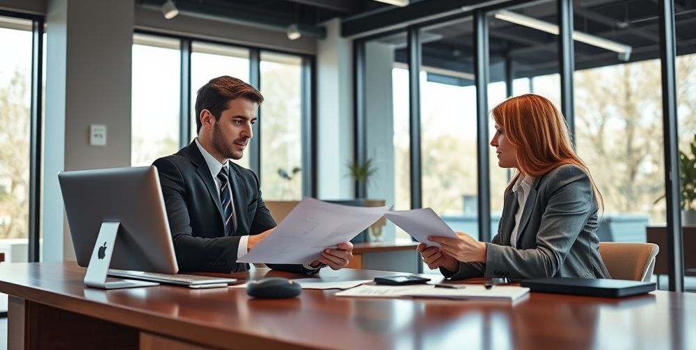 A young professional discussing insurance options with a financial advisor in a modern office, emphasizing trust and expertise.