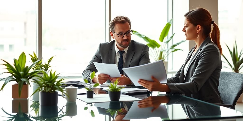 A business owner reviewing financial documents with a professional accountant at a glass desk, with plants and modern office decor, showing collaboration and trust.