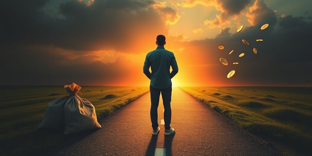 A person standing at a financial crossroads with two paths: one dark with money bags as heavy burdens, one bright with floating coins leading to a sunrise. Visual metaphor for psychological barriers versus financial freedom.
