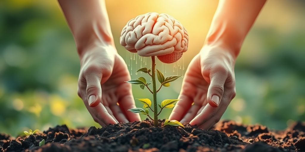 Hands planting a small tree where coins grow as leaves, with a brain-shaped cloud raining water on it. Symbolizing nurturing both mental health and financial growth simultaneously.