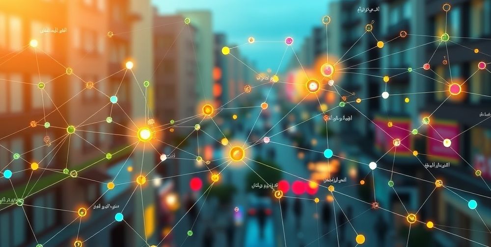 An animated visualization showing a vibrant startup ecosystem, with interconnected dots and lines representing founders, investors, and mentors, all labeled in Persian, illustrating dynamic knowledge and capital flow.