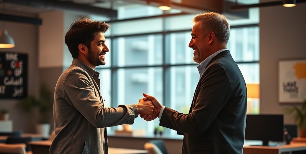 A heartfelt moment where a young Persian founder receives a congratulatory handshake from an experienced investor, set in a modern coworking space, capturing optimism, support, and mutual respect.