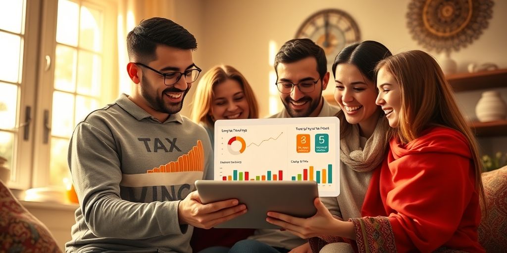 A smiling Iranian family reviewing tax savings on a tablet at home, with graphical charts showing reduced tax payments, creating a sense of financial relief and achievement.