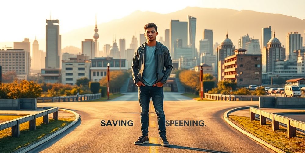 An artistic rendering of a Persian youth pausing at a fork in the road labeled "Saving" and "Spending" with urban Tehran in the background, symbolizing modern financial choices.