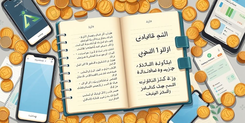 A high-detail digital illustration showing a Persian planner book surrounded by coins, mobile banking apps, and a hand writing personalized financial goals in Farsi, with a hopeful and organized mood.