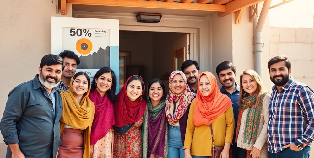 A hopeful group of diverse Persian people—different ages and backgrounds—smiling outside a small business, with financial charts and teamwork symbols subtly in the background, under bright, optimistic daylight.