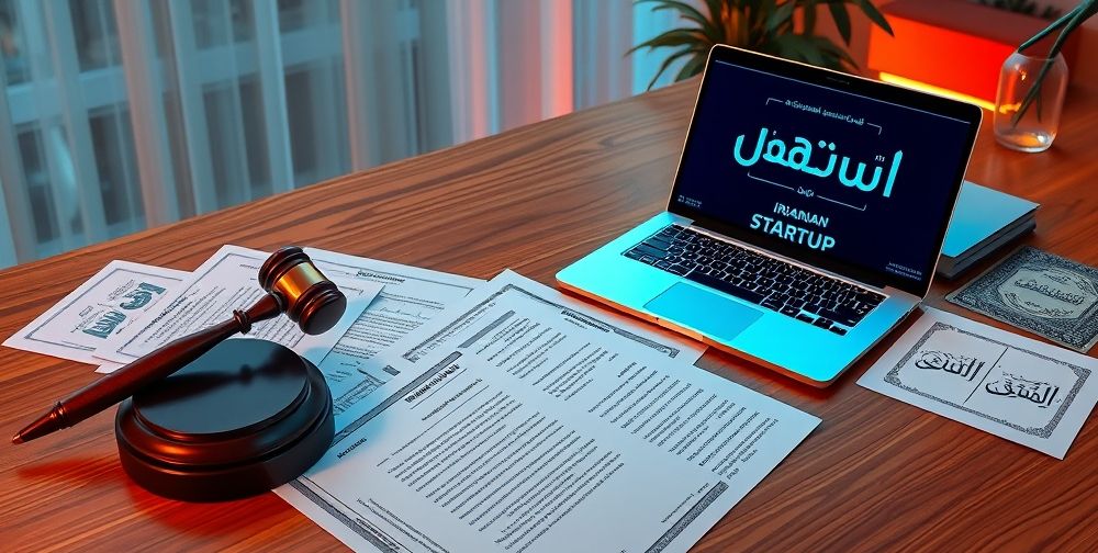 A vivid illustration of legal documents and a gavel next to a laptop with Iranian startup branding, symbolizing the intersection of law and tech entrepreneurship investments, with relevant Persian paperwork visible.