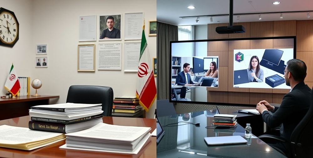 A highly detailed split-screen image: on one side, an Iranian legal office with stacks of contracts and law books; on the other, a startup pitch meeting, both sides communicating via video conference, symbolizing collaboration.