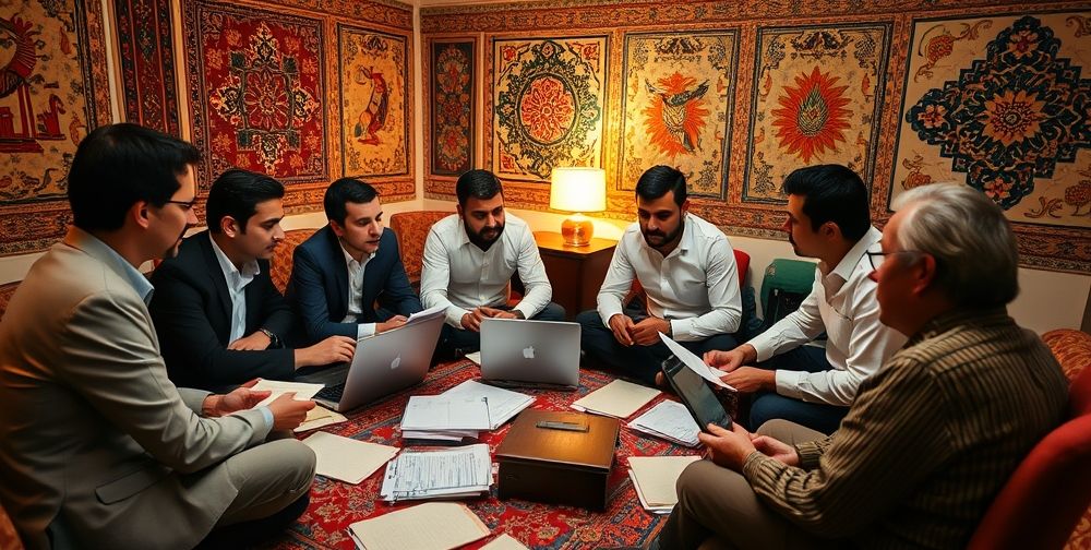 A collaborative meeting among Iranian accountants, focusing on clear communication and teamwork, surrounded by financial documents and laptops, in a warm, inviting Persian office with local motifs.