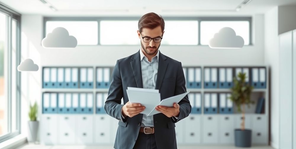 A digital accounting archive interface with Iranian document folders, secure cloud icons, and a professional accountant scanning documents, staged in an organized, modern office for maximum clarity and ease.