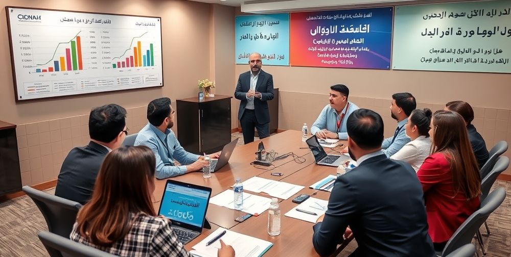 A vibrant corporate meeting in Iran, highlighting a lead accountant presenting to diverse team members, charts displaying financial improvement, and Persian motivational banners about financial transparency and teamwork on the walls.