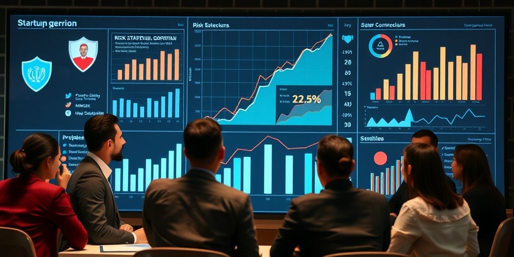 A diverse group of Iranian businesspeople analyzing startup growth charts on a digital dashboard, with risk management symbols like shields and graphs blending with Persian design elements, professional yet approachable atmosphere.