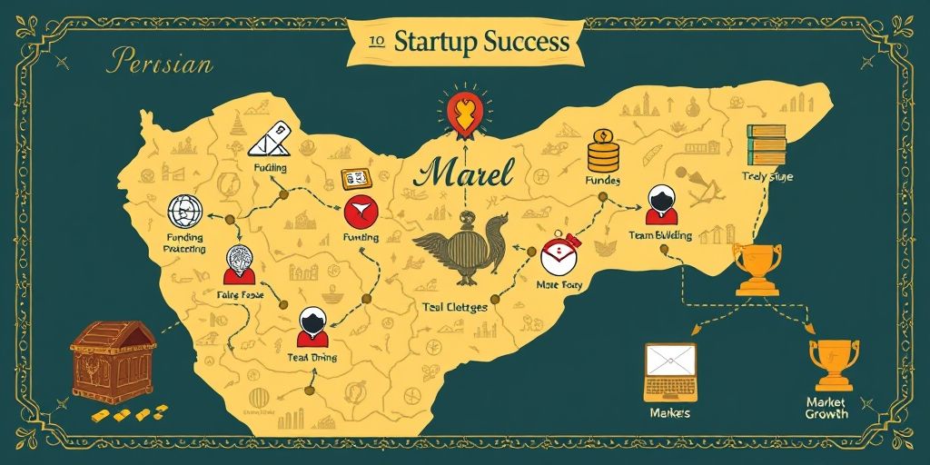 An infographic-style image showing a Persian treasure map leading to startup success, with icons representing funding stages, team building, and market growth, blending traditional Persian patterns with modern digital elements.
