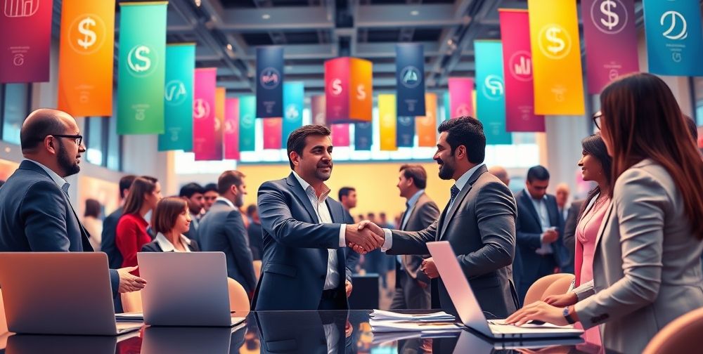 A digital illustration of business networking: Persian professionals shaking hands at a financial seminar, surrounded by banners with accounting symbols, documents, and laptops in a sleek, well-lit conference room.