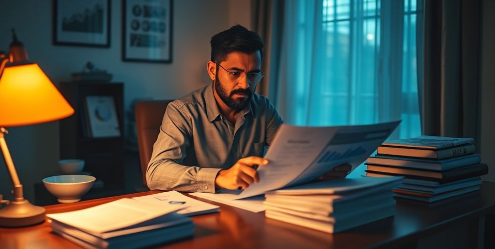 An determined Persian accountant studying financial analytics and marketing charts at night in a cozy workspace, illuminated by warm desk lamp, expressing challenge and resolve.