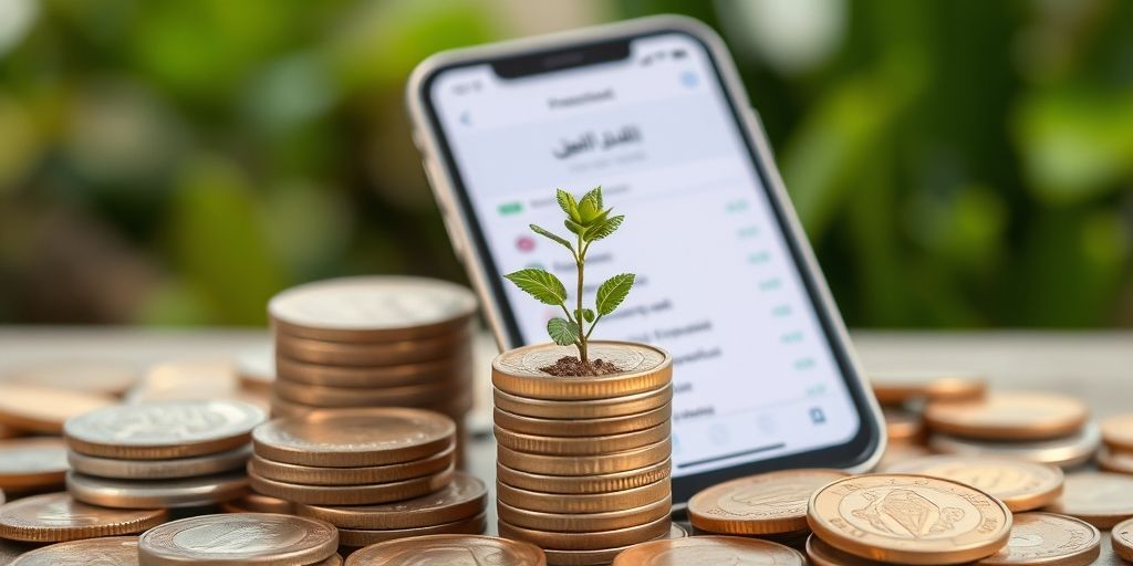 A smartphone showing a Persian-language financial app with investment options, surrounded by Iranian coins and a small plant growing from a coin stack, symbolizing growth and modern finance.