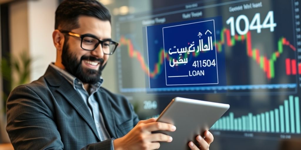 An Iranian entrepreneur smiling while reviewing a loan approval notification on a tablet, with financial charts hologram in the background and Persian date تیر 1404 visible.