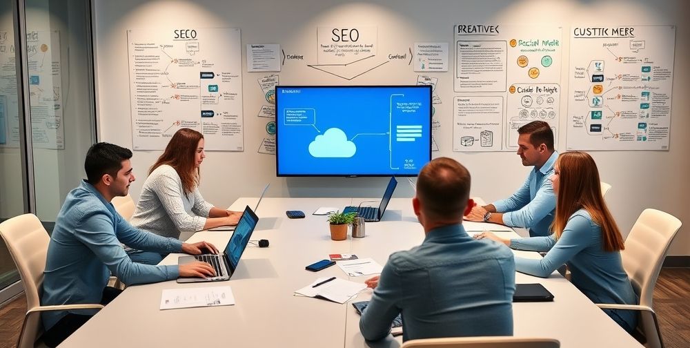 Accounting professionals collaborating around a large conference table with laptops, cloud-based financial software on screens, and creative brainstorm boards showing SEO, social media, and customer feedback charts.