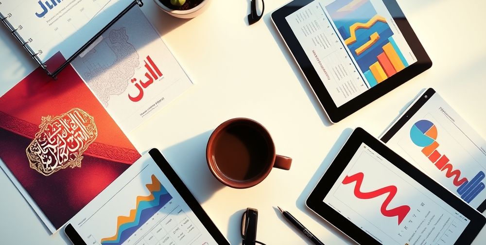 A creative flat-lay of accounting marketing materials: brochures with Farsi typography, digital analytics charts on tablets, and a branded cup of coffee, highlighting innovation and a people-first approach in the accounting field.