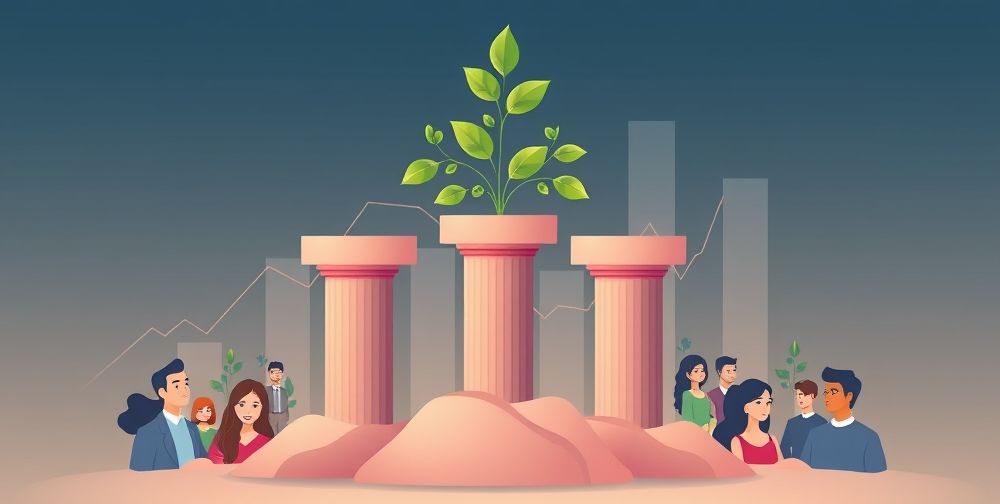 An infographic showing three pillars labeled "Transparency," "Trust," and "Growth," supporting a growing business plant, with Persian financial charts and diverse investor avatars around it, soft stylish colors.