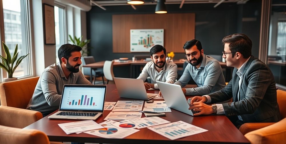 Persian team meeting in a modern startup space, advisors discussing financial statements on laptops and printed charts, showing close collaboration, confident mood, authenticity and emotion on faces, warm lighting.