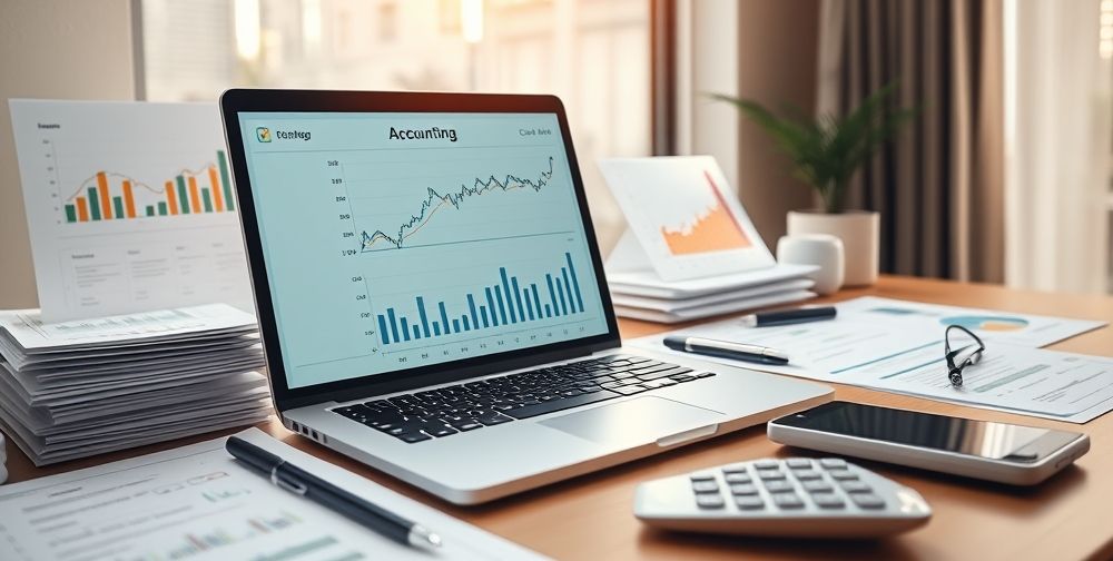 A close-up of modern Persian accounting software displayed on a laptop, surrounded by official documents, financial charts, and a calculator. The soft sunlight highlights clean workspace design, blending Iranian aesthetics with advanced technology.