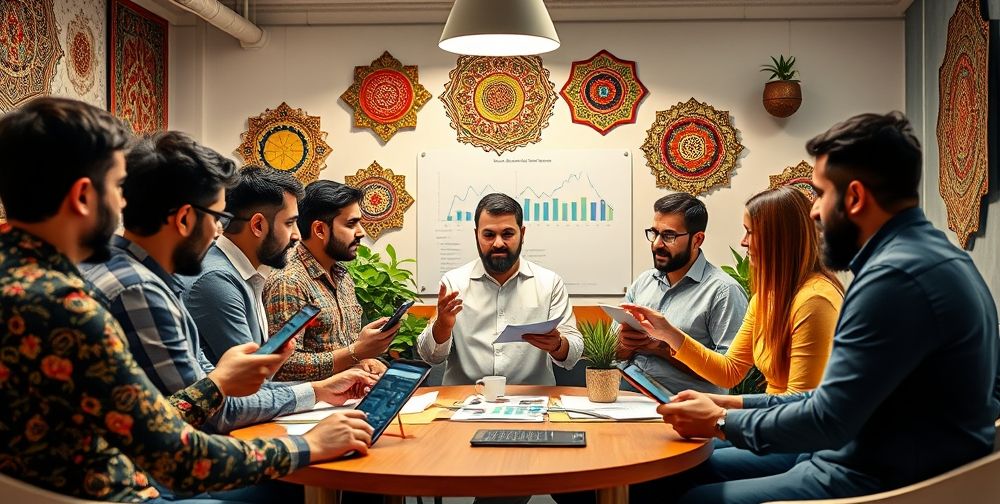 A vibrant meeting in a modern Tehran workspace, with diverse entrepreneurs and a professional accountant reviewing financial graphs and reports, surrounded by Persian details, smartphone screens, and collaborative energy, ideal for conveying actionable advice.