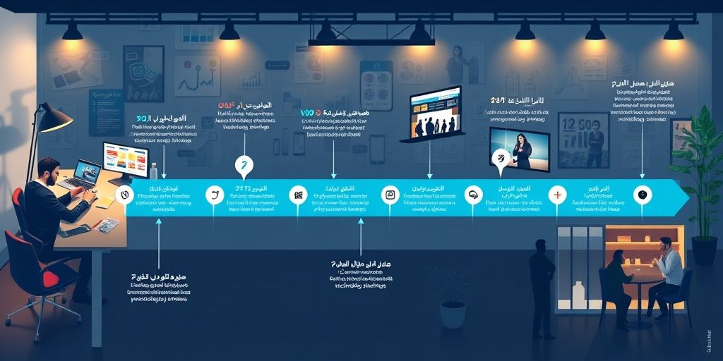 A step-by-step visual roadmap in Farsi showing an investor researching startups, reviewing pitch decks, attending an investment event, consulting with experts, and finally investing in a promising tech startup.