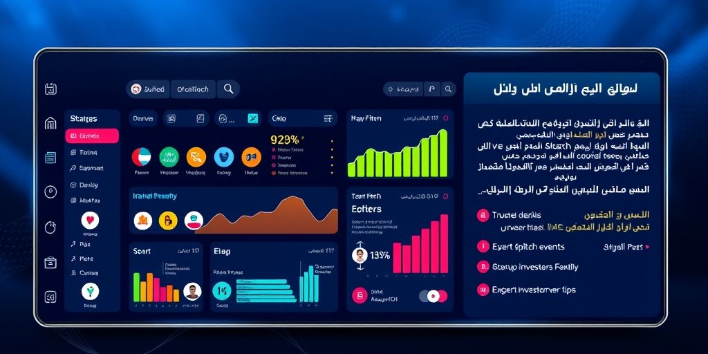 A Farsi-language digital dashboard showing a curated list of trusted Iranian and international startup investment platforms, statistics, live pitch events, and expert investor tips on a contemporary interface.