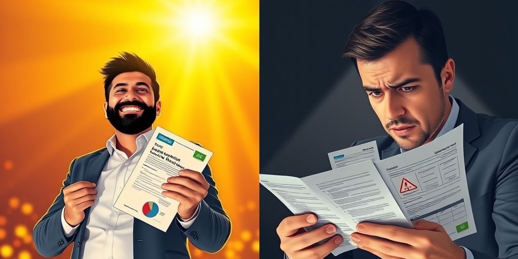 A split-scene illustration: on one side, a happy Persian investor holding startup stock certificates; on the other, an anxious investor reviewing risk factors by dim light, with warning icons on financial documents.