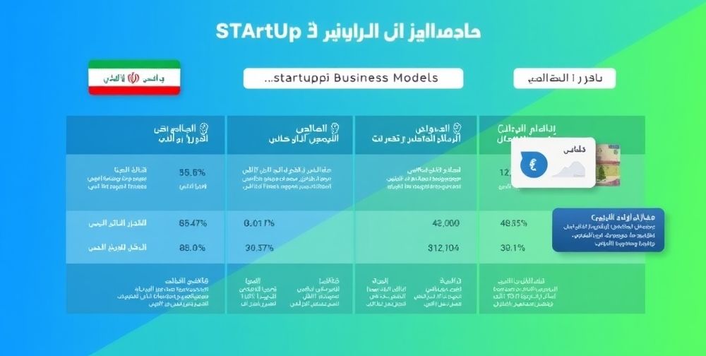 A modern infographic showing a competitive analysis between several startup business models and their key financial projections, overlaid with Farsi labels and currency symbols, connecting to the Iranian market.