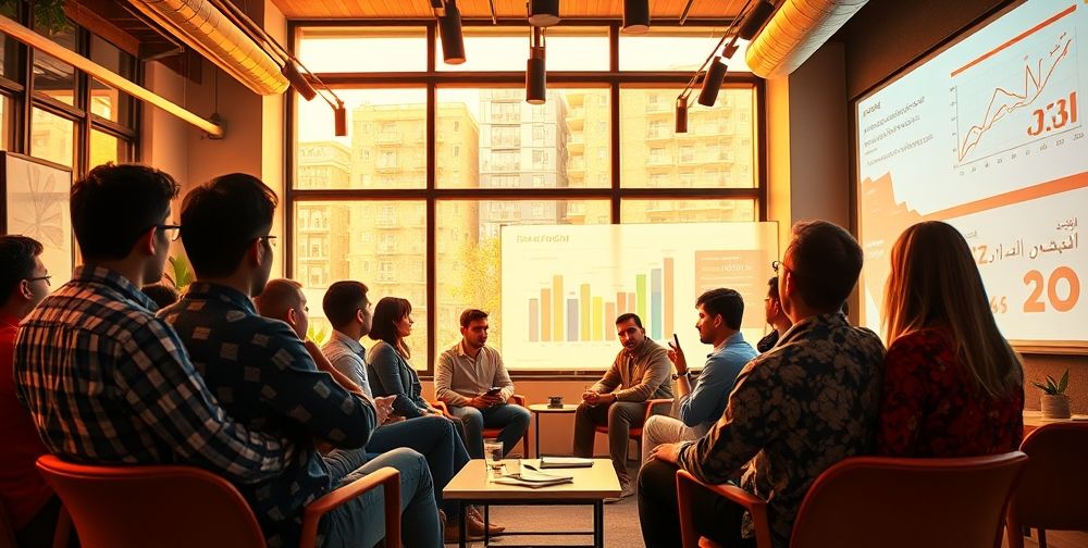 A co-working Persian office where a diverse group of young entrepreneurs present a pitch to attentive investors, with visible body language, charts, and Farsi slides — capturing tension, excitement, and collaboration.