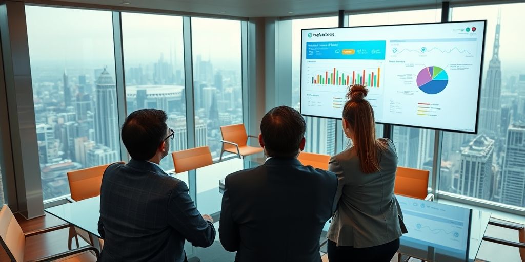 A professional financial advisor presenting a customized accounting strategy to executives in a high-rise boardroom with panoramic city views, showing interactive dashboards on a large screen.