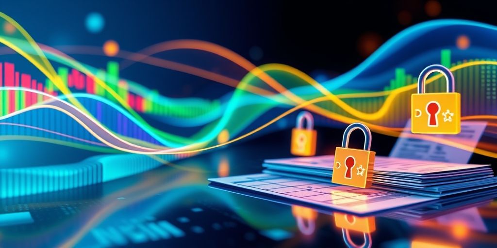 A conceptual image showing financial data streams connecting accounting department graphs to loan application documents, with secure digital padlocks symbolizing financial trust and integration.