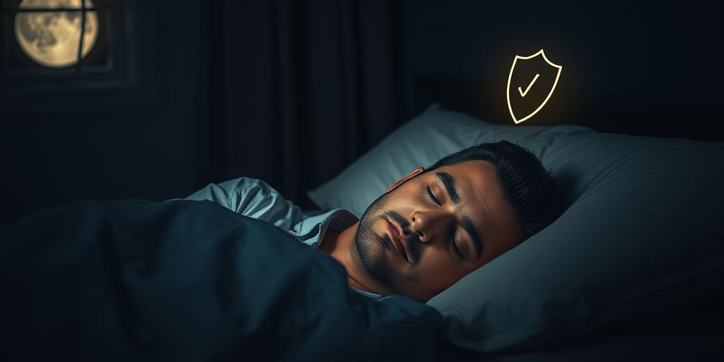 A businessperson sleeping peacefully at night, with a faint glow of a shield symbolizing tax protection over them. Dark, calm bedroom ambiance with moonlight.