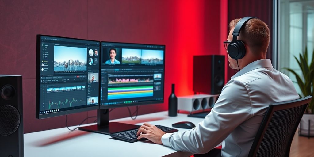 A sleek, modern setup showcasing a person editing a professional accounting video, with dual monitors, editing software, and a stylish workspace, high detail, vibrant lighting.