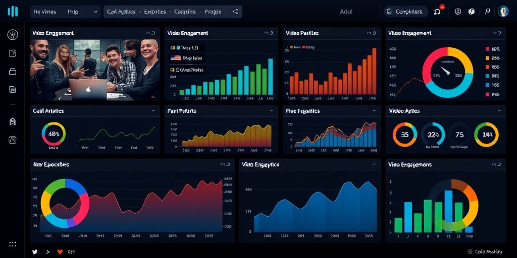 A comprehensive digital marketing dashboard showing analytics for video engagement, with charts, graphs, and social media metrics, high detail, vibrant colors.