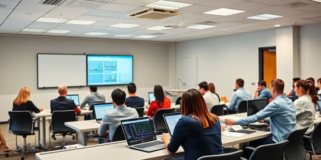 A classroom setting with professionals engaging in an accounting training session, interactive screens, and hands-on exercises in a bright, collaborative environment.