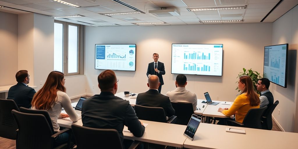A corporate training room with employees collaborating, data dashboards on screens, and a facilitator guiding a strategic learning session in a calm, professional setting.