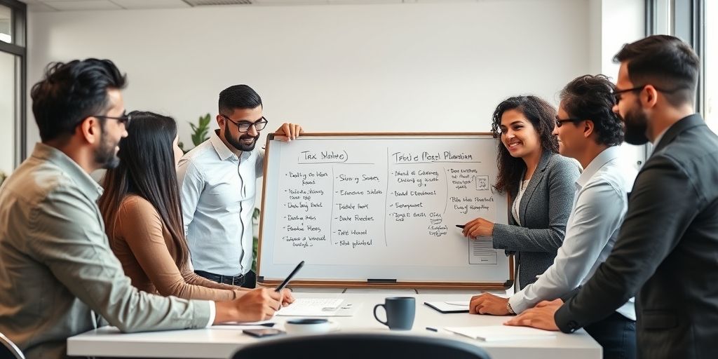 A warm, collaborative team meeting around a whiteboard with tax planning notes in Persian, diverse professionals, bright office, natural light, evoking trust and strategic planning.