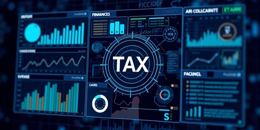 An advanced digital interface showing financial data analytics, blockchain integration, and AI algorithms working together to optimize tax collection and compliance.