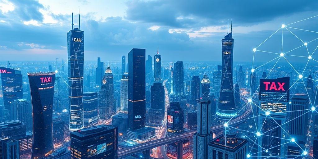 A futuristic cityscape with digital financial towers, AI-driven tax management systems, and interconnected data networks representing the future of tax systems.