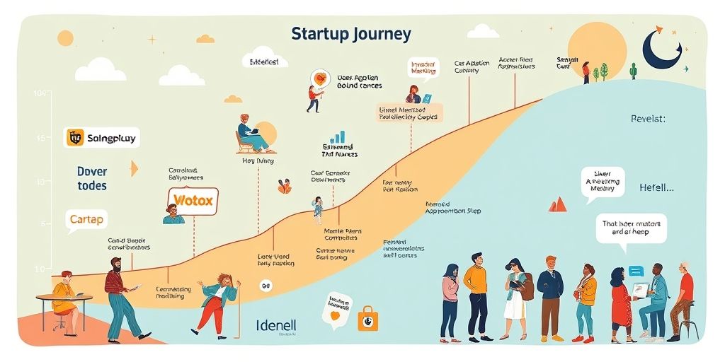 An illustrated journey map of a startup’s growth, showing milestones, user adoption curves, investor meetings, and a diverse team, rendered in vivid colors with a hopeful tone.