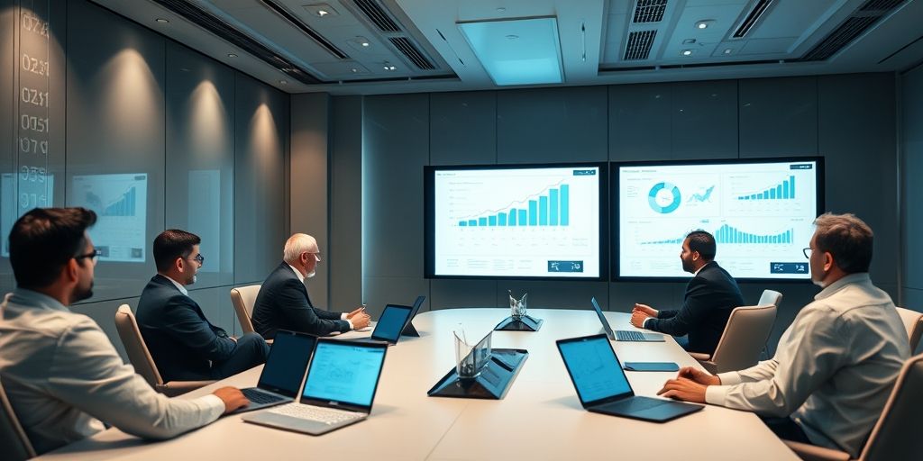 A strategic boardroom scene in an Iranian company discussing compliance, audits, and risk management with charts on screens and a calm, focused atmosphere.