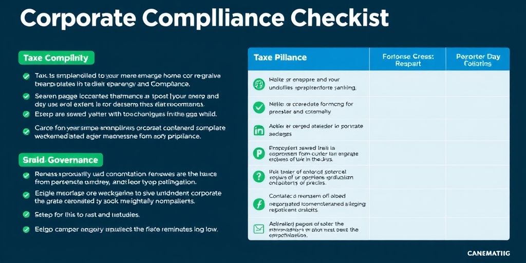 A concise infographic showing a corporate compliance checklist for taxes, reporting, and governance, with icons and clear sections in green and blue.