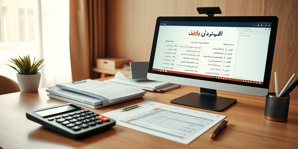 A detailed image of a modern VAT registration desk, with calculator, invoices, and a computer screen showing tax forms in Persian, warm lighting, neat organization, and a focused professional vibe that conveys clarity and control.