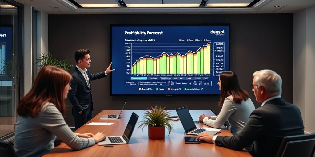 An executive meeting with a finance director presenting a profitability forecast on a large screen, colleagues taking notes, cozy modern office, clean desk setup, suggesting data-driven decision-making and trust in specialized accounting services.