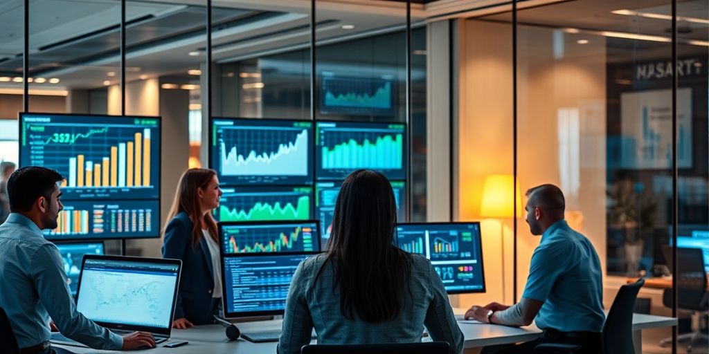 A modern corporate accounting team in a glass-walled office, analyzing financial dashboards on multiple screens, warm ambient lighting, professionals discussing strategic numbers, showcasing precision, transparency, and team harmony in a modern Persian business context.